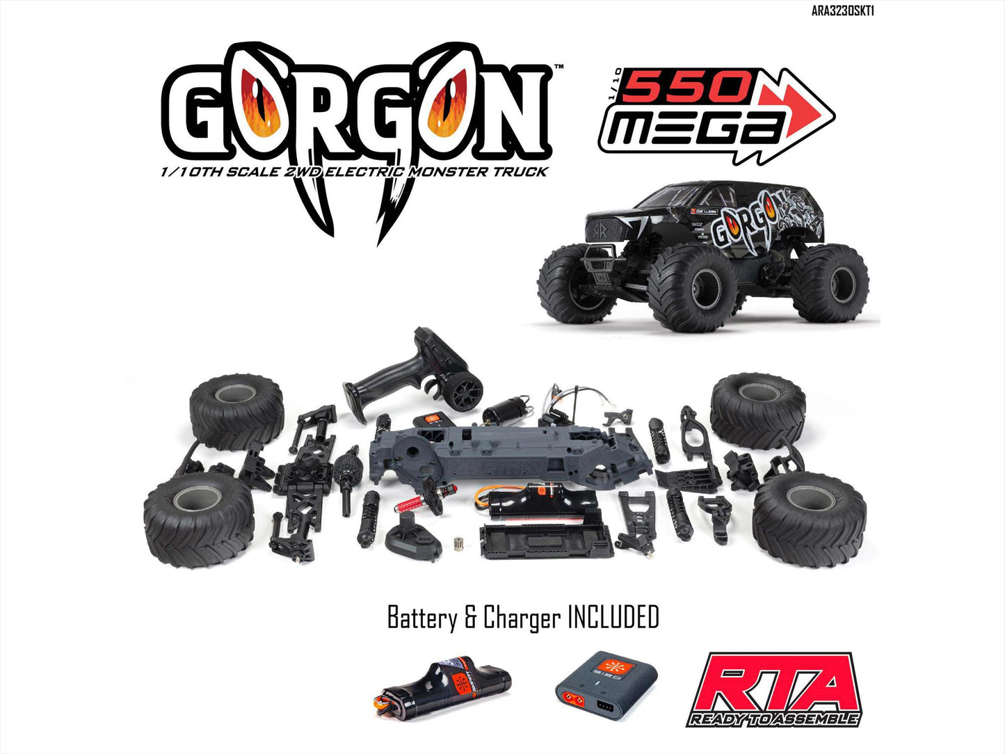 ARRMA 1/10 GORGON MEGA 550 2WD MT RTA Kit w/Batt & Chg Gunmetal